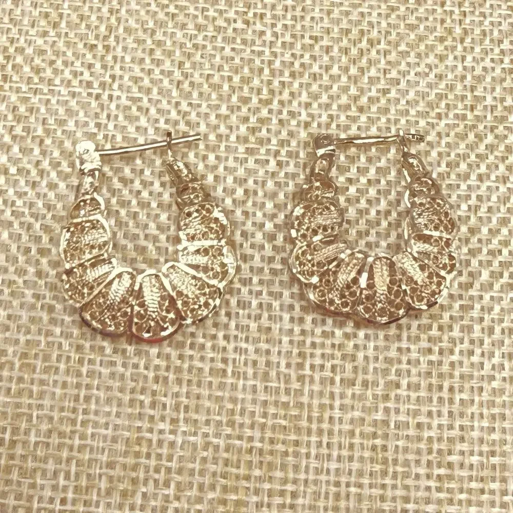 Vintage 925 Sterling Silver Vermeil Gold Filigree Hoop Earrings
